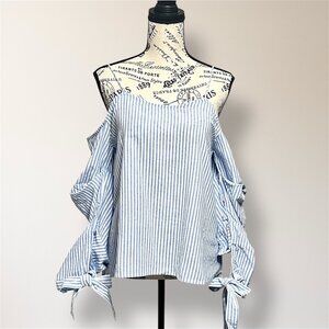 After Market S Blue Stripe Cold Shoulder Ruffle Tie Long Sleeve Peasant Top Boho